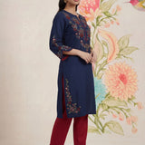 Zahra Royal Blue Embroidered Cotton Slub Kurti for Women