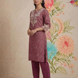 Iraavat Wine Embroidered Cotton Kurta Set