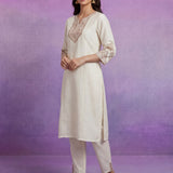 Ivory Silk Embroidered A-Line Kurta set with Dupatta