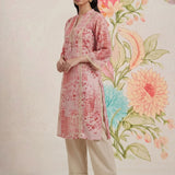 Rysa Light Pink Printed Linen A-line Kurta for Women