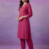 Fuchsia Cotton Blend Embroidered Kurta Set