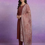 Rust Silk Embroidered A-Line kurta set with Dupatta