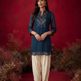 Dark Teal Embroidered Chinon Tunic