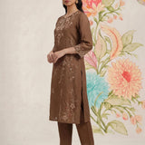 Jogan Brown Embroidered Chanderi Kurta Set