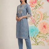 Iraavat Blue Embroidered Cotton Kurta Set