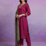 Fuchsia Embroidered Suit Set with contrast Dupatta