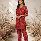 Dark Pink Metallic Print & Pearl Kurta Set