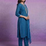 Blue Embroidered Straight Suit Set with Dupatta