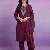 Wine Embroidered Straight Suit Set with Dupatta
