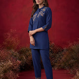 Navy Solid Cotton Straight Co-Ord Set