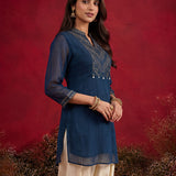 Dark Teal Embroidered Chinon Tunic