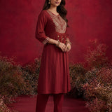 Red Embroidered Cotton Blend Kurta Set