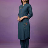 Teal Applique-work Kurta Set