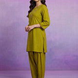 Green Embroidered Cotton blend Kurta Set