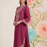 Saroja Dark Fuchsia Embroidered A-line Kurta Set