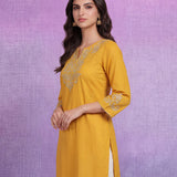 Yellow Floral Embroidered Straight Kurti