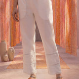 White Lycra Embroidered Straight-Fit Palazzos