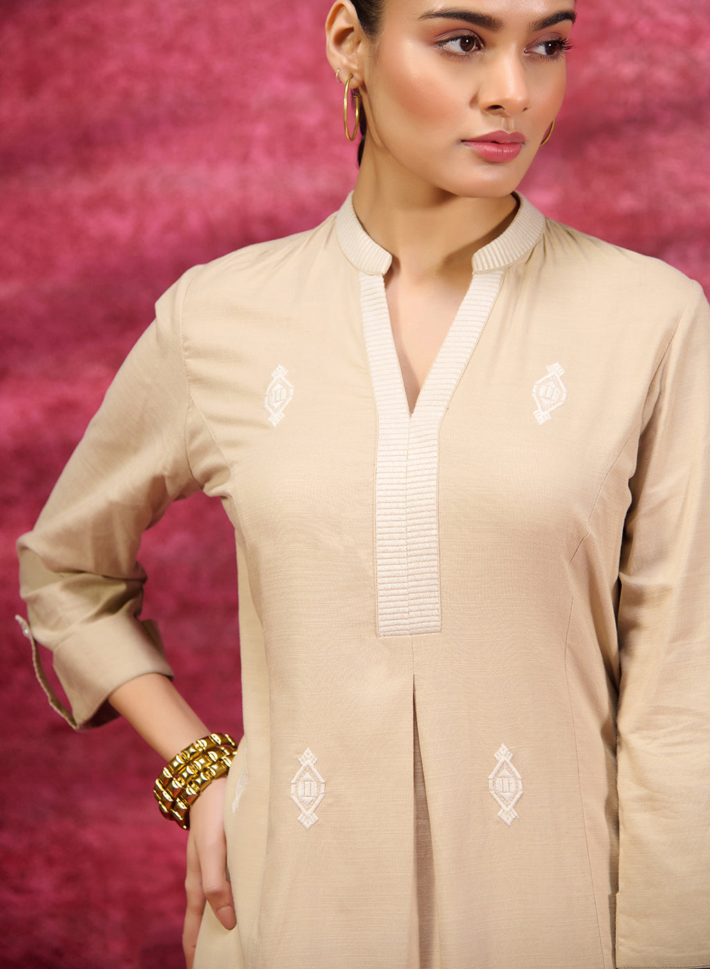 Nayaab Beige Embroidered Cotton Kurta Set for Women
