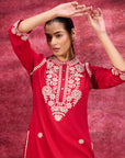 Saadgi Red Embroidered Cotton Linen Tunic for Women