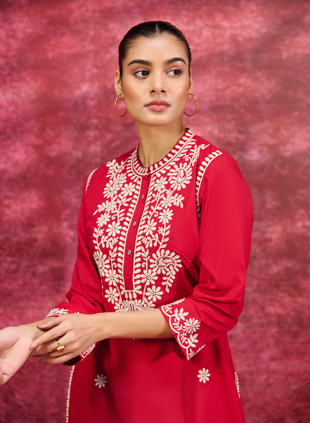 Saadgi Red Embroidered Cotton Linen Tunic for Women