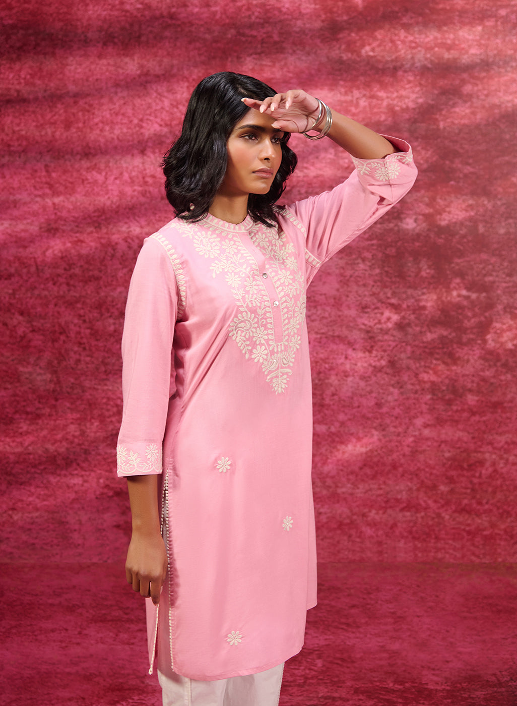 Saadgi Carnation Pink Embroidered Cotton Linen Tunic for Women