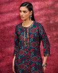 Layla Dark Teal Printed Chanderi Tunic for Women