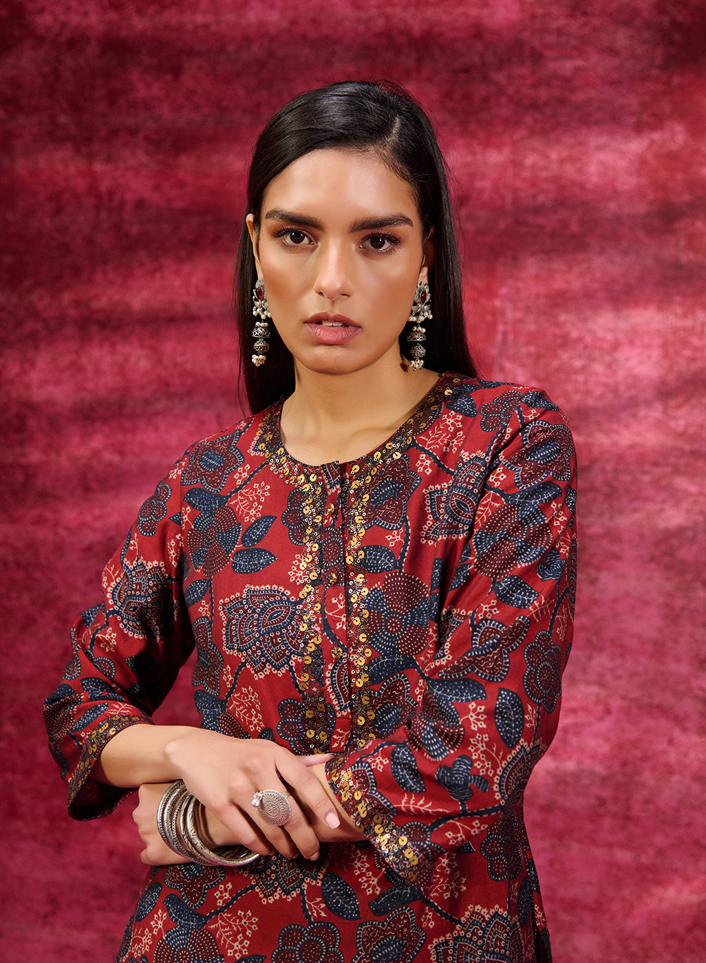 Layla Maroon Printed Chanderi Tunic for Women – Lakshita