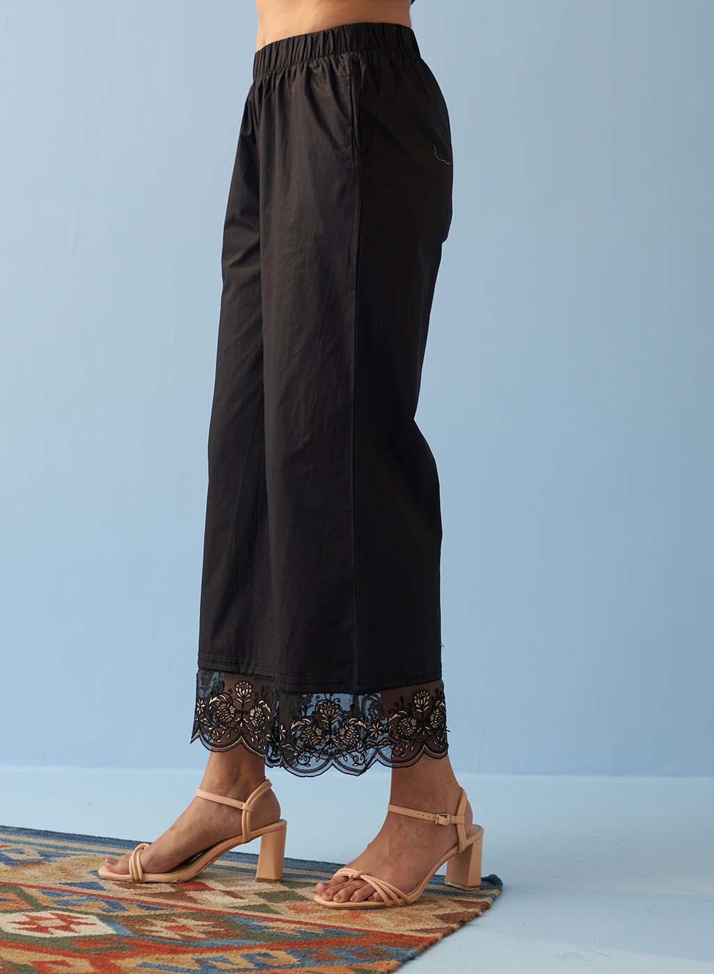 Black Straight Pants with Contrast Thread Embroidery - Lakshita