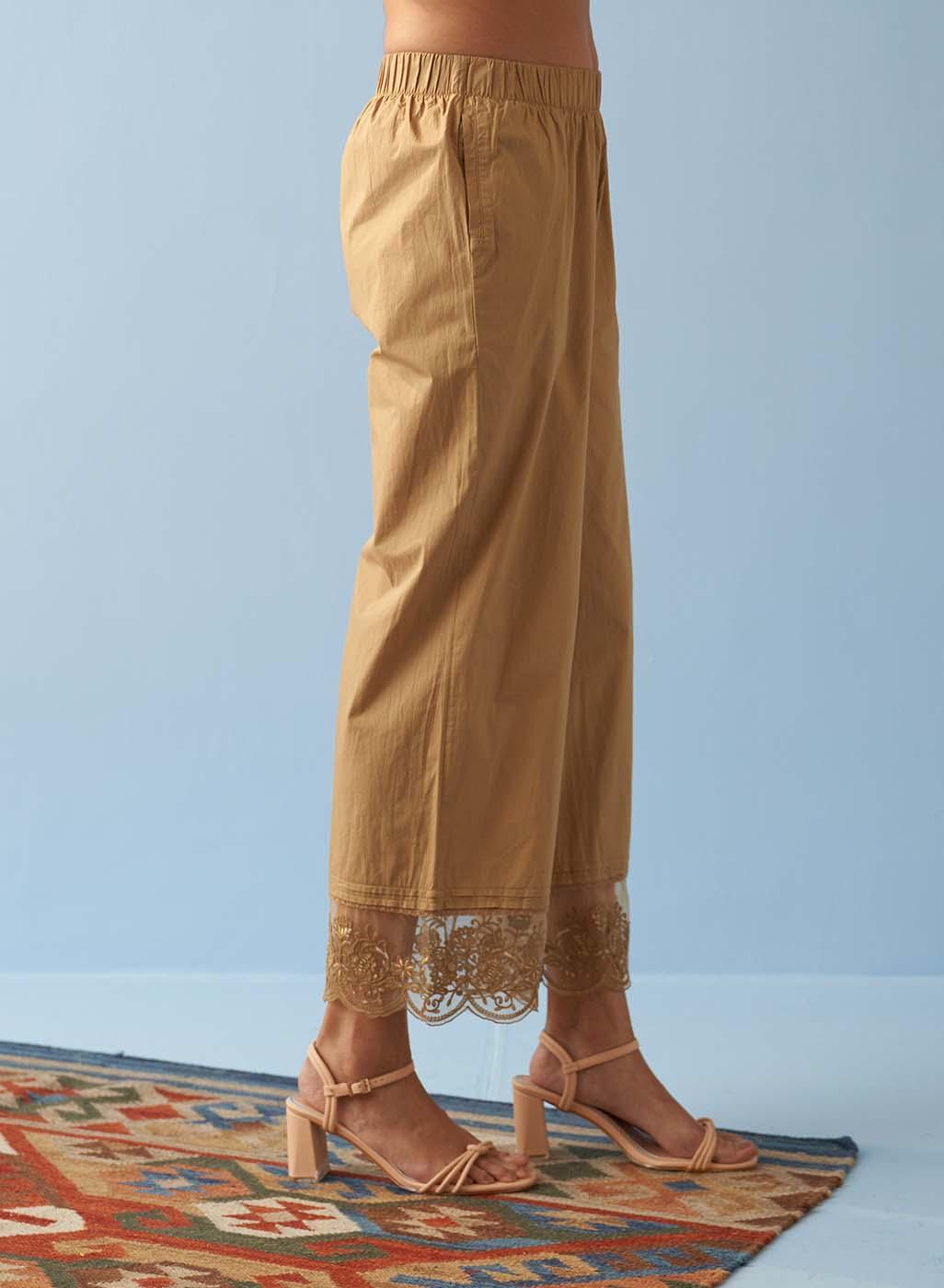 Golden Straight Pants with Contrast Thread Embroidery - Lakshita