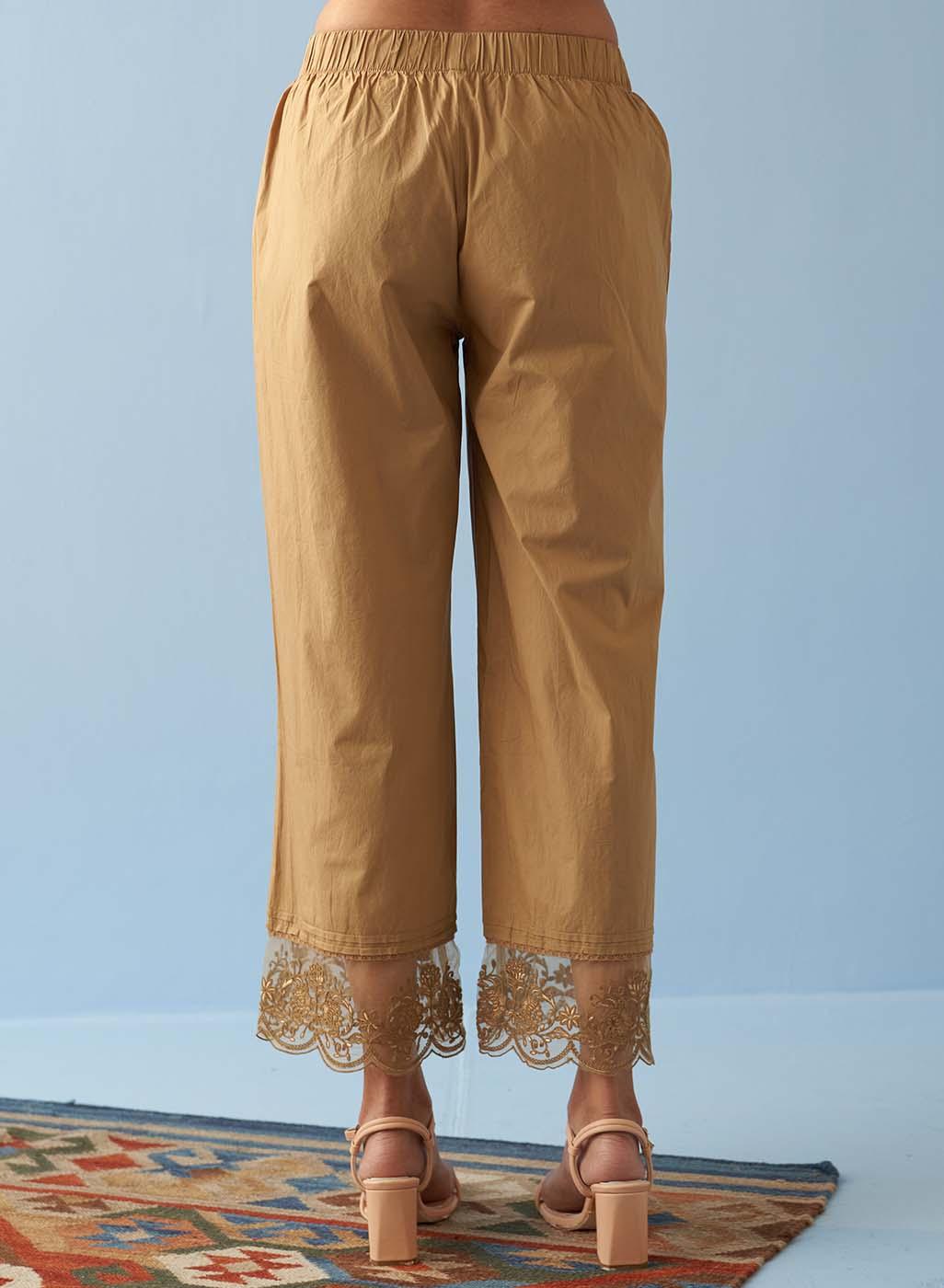 Golden Straight Pants with Contrast Thread Embroidery - Lakshita