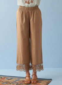 Beige Straight Pants with Contrast Thread Embroidery - Lakshita