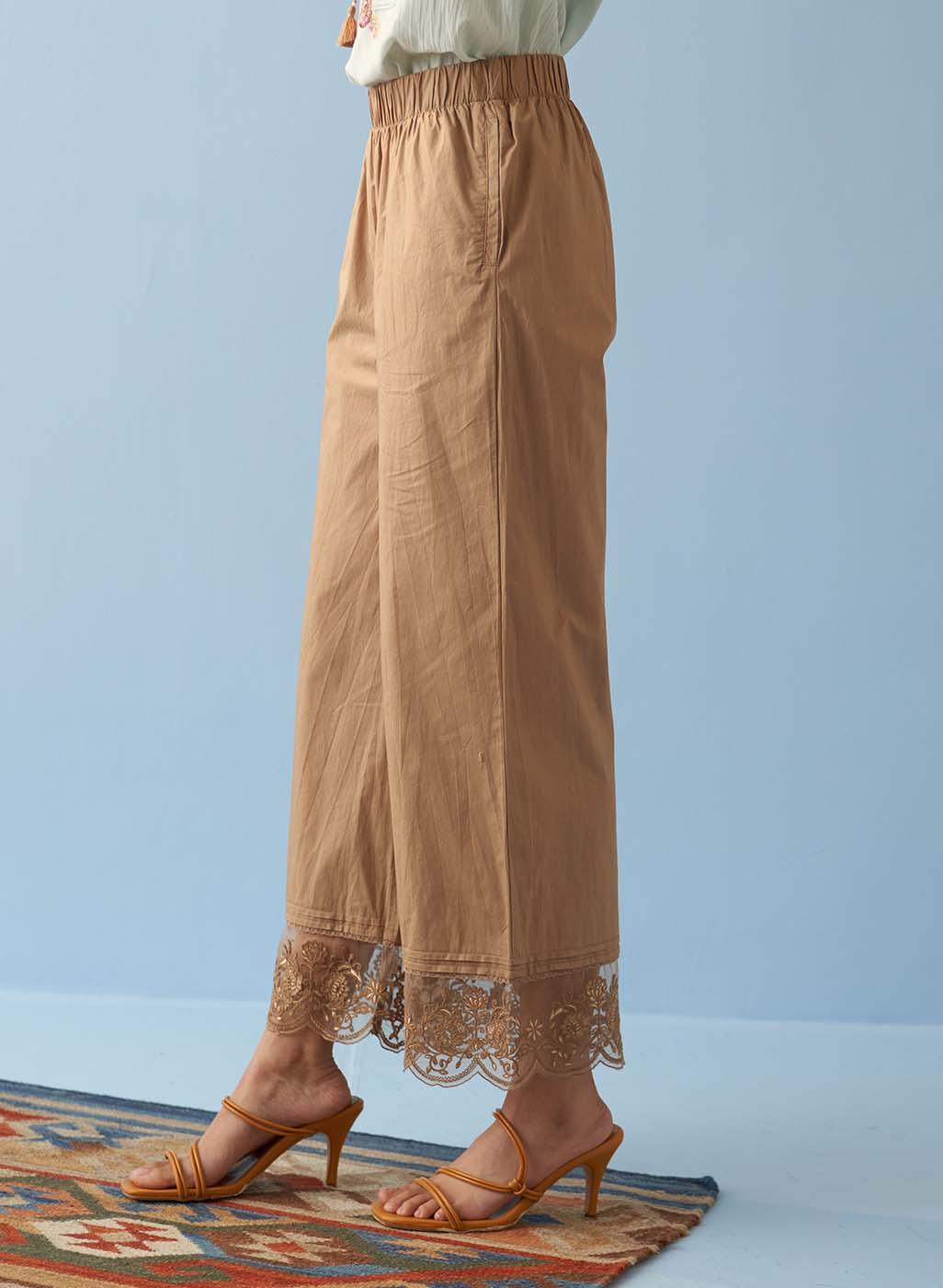 Beige Straight Pants with Contrast Thread Embroidery - Lakshita