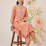 Zainab Light Orange Cotton Blend Embroidered A-line Kurta Set