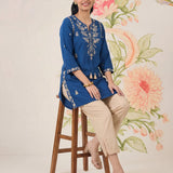 Afiya Blue Cotton Blend Embroidered Kurti