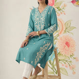 Yashvi Turquoise Cotton Blend Embroidered Kurta
