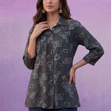Grey Printed Cotton A-Line Shirt