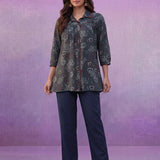 Grey Printed Cotton A-Line Shirt