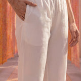 White Lycra Embroidered Straight-Fit Palazzos
