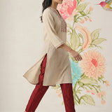 Aviya Beige Cotton Blend Embroidered Straight Kurta
