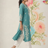 Yashvi Turquoise Cotton Blend Embroidered Kurta