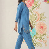 Nayra Blue Embroidered Linen Co-ord Set
