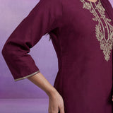 Wine Embroidered Straight Suit Set with Dupatta