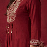 Red Embroidered Cotton Blend Kurta Set