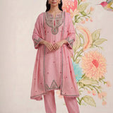 Albeli Baby Pink Embroidered A-line Suit Set with Dupatta