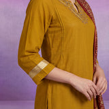 Mustard Embroidered Suit Set with contrast Dupatta