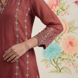 Akshi Red Embroidered A-line Linen-blend Tunic