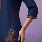 Blue Cotton Blend Embroidered Kurta Set