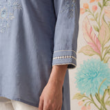 Celia Smokey Blue Embroidered Rayon Top for Women