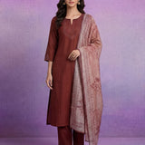 Rust Silk Embroidered A-Line kurta set with Dupatta
