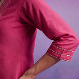 Fuchsia Cotton Blend Embroidered Kurta Set